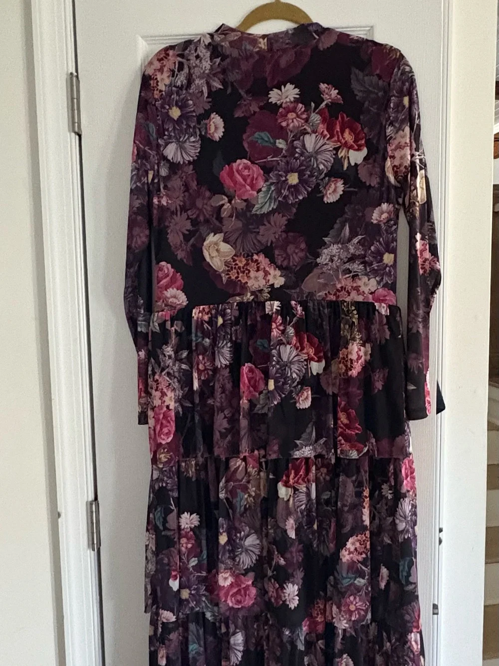 Anne Klein Black Floral Long Sleeve Tiered Midi Dress with Pink & Purple Blooms